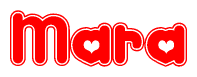 The image is a red and white graphic with the word Mara written in a decorative script. Each letter in  is contained within its own outlined bubble-like shape. Inside each letter, there is a white heart symbol.