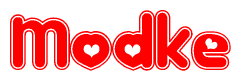 The image displays the word Modke written in a stylized red font with hearts inside the letters.