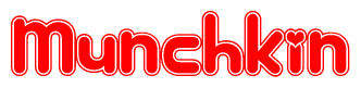 The image is a red and white graphic with the word Munchkin written in a decorative script. Each letter in  is contained within its own outlined bubble-like shape. Inside each letter, there is a white heart symbol.