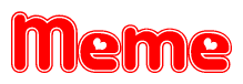 The image is a red and white graphic with the word Meme written in a decorative script. Each letter in  is contained within its own outlined bubble-like shape. Inside each letter, there is a white heart symbol.