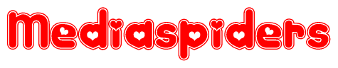 The image is a clipart featuring the word Mediaspiders written in a stylized font with a heart shape replacing inserted into the center of each letter. The color scheme of the text and hearts is red with a light outline.