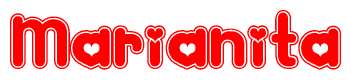 The image is a red and white graphic with the word Marianita written in a decorative script. Each letter in  is contained within its own outlined bubble-like shape. Inside each letter, there is a white heart symbol.