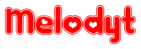 The image displays the word Melodyt written in a stylized red font with hearts inside the letters.