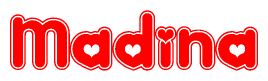 The image displays the word Madina written in a stylized red font with hearts inside the letters.