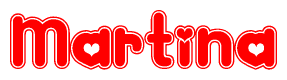 The image is a red and white graphic with the word Martina written in a decorative script. Each letter in  is contained within its own outlined bubble-like shape. Inside each letter, there is a white heart symbol.