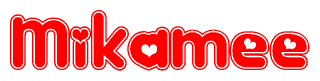 The image is a red and white graphic with the word Mikamee written in a decorative script. Each letter in  is contained within its own outlined bubble-like shape. Inside each letter, there is a white heart symbol.