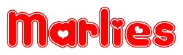 The image is a red and white graphic with the word Marlies written in a decorative script. Each letter in  is contained within its own outlined bubble-like shape. Inside each letter, there is a white heart symbol.