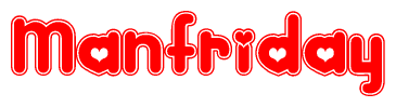 The image is a clipart featuring the word Manfriday written in a stylized font with a heart shape replacing inserted into the center of each letter. The color scheme of the text and hearts is red with a light outline.