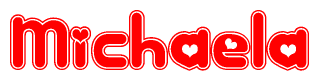 The image displays the word Michaela written in a stylized red font with hearts inside the letters.