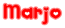 The image is a red and white graphic with the word Marjo written in a decorative script. Each letter in  is contained within its own outlined bubble-like shape. Inside each letter, there is a white heart symbol.