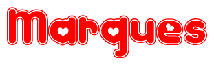 The image is a clipart featuring the word Marques written in a stylized font with a heart shape replacing inserted into the center of each letter. The color scheme of the text and hearts is red with a light outline.