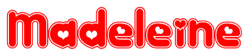 The image is a clipart featuring the word Madeleine written in a stylized font with a heart shape replacing inserted into the center of each letter. The color scheme of the text and hearts is red with a light outline.