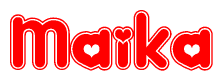 The image is a red and white graphic with the word Maika written in a decorative script. Each letter in  is contained within its own outlined bubble-like shape. Inside each letter, there is a white heart symbol.