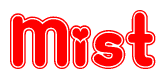 The image is a clipart featuring the word Mist written in a stylized font with a heart shape replacing inserted into the center of each letter. The color scheme of the text and hearts is red with a light outline.
