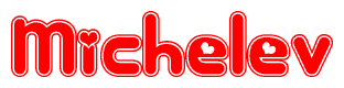 The image is a clipart featuring the word Michelev written in a stylized font with a heart shape replacing inserted into the center of each letter. The color scheme of the text and hearts is red with a light outline.