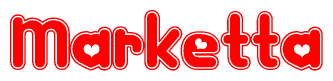 The image is a clipart featuring the word Marketta written in a stylized font with a heart shape replacing inserted into the center of each letter. The color scheme of the text and hearts is red with a light outline.