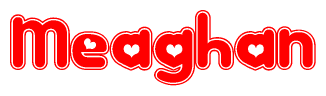 The image is a red and white graphic with the word Meaghan written in a decorative script. Each letter in  is contained within its own outlined bubble-like shape. Inside each letter, there is a white heart symbol.