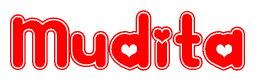 The image is a clipart featuring the word Mudita written in a stylized font with a heart shape replacing inserted into the center of each letter. The color scheme of the text and hearts is red with a light outline.