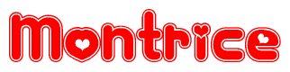 The image is a red and white graphic with the word Montrice written in a decorative script. Each letter in  is contained within its own outlined bubble-like shape. Inside each letter, there is a white heart symbol.