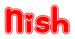 The image is a clipart featuring the word Nish written in a stylized font with a heart shape replacing inserted into the center of each letter. The color scheme of the text and hearts is red with a light outline.