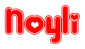 The image is a red and white graphic with the word Noyli written in a decorative script. Each letter in  is contained within its own outlined bubble-like shape. Inside each letter, there is a white heart symbol.