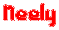 The image is a red and white graphic with the word Neely written in a decorative script. Each letter in  is contained within its own outlined bubble-like shape. Inside each letter, there is a white heart symbol.