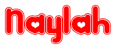 The image is a red and white graphic with the word Naylah written in a decorative script. Each letter in  is contained within its own outlined bubble-like shape. Inside each letter, there is a white heart symbol.