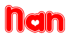 The image is a clipart featuring the word Nan written in a stylized font with a heart shape replacing inserted into the center of each letter. The color scheme of the text and hearts is red with a light outline.