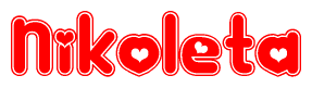 The image is a clipart featuring the word Nikoleta written in a stylized font with a heart shape replacing inserted into the center of each letter. The color scheme of the text and hearts is red with a light outline.