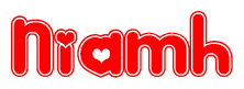 The image is a clipart featuring the word Niamh written in a stylized font with a heart shape replacing inserted into the center of each letter. The color scheme of the text and hearts is red with a light outline.