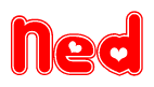 The image displays the word Ned written in a stylized red font with hearts inside the letters.