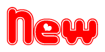 The image is a red and white graphic with the word New written in a decorative script. Each letter in  is contained within its own outlined bubble-like shape. Inside each letter, there is a white heart symbol.