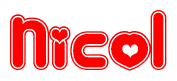 The image displays the word Nicol written in a stylized red font with hearts inside the letters.