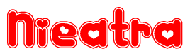 The image is a clipart featuring the word Nieatra written in a stylized font with a heart shape replacing inserted into the center of each letter. The color scheme of the text and hearts is red with a light outline.