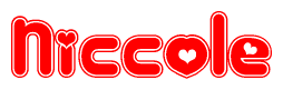The image is a red and white graphic with the word Niccole written in a decorative script. Each letter in  is contained within its own outlined bubble-like shape. Inside each letter, there is a white heart symbol.