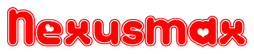 The image is a clipart featuring the word Nexusmax written in a stylized font with a heart shape replacing inserted into the center of each letter. The color scheme of the text and hearts is red with a light outline.