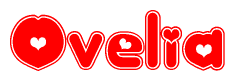 The image displays the word Ovelia written in a stylized red font with hearts inside the letters.