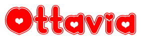 The image is a red and white graphic with the word Ottavia written in a decorative script. Each letter in  is contained within its own outlined bubble-like shape. Inside each letter, there is a white heart symbol.