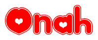 The image displays the word Onah written in a stylized red font with hearts inside the letters.