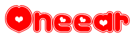 The image displays the word Oneear written in a stylized red font with hearts inside the letters.