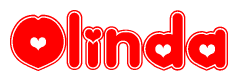 The image is a red and white graphic with the word Olinda written in a decorative script. Each letter in  is contained within its own outlined bubble-like shape. Inside each letter, there is a white heart symbol.