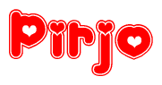 The image is a clipart featuring the word Pirjo written in a stylized font with a heart shape replacing inserted into the center of each letter. The color scheme of the text and hearts is red with a light outline.