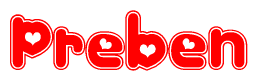   The image is a red and white graphic with the word Preben written in a decorative script. Each letter in  is contained within its own outlined bubble-like shape. Inside each letter, there is a white heart symbol. 