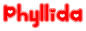 The image displays the word Phyllida written in a stylized red font with hearts inside the letters.