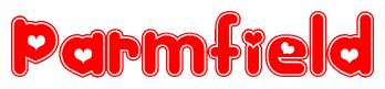 The image displays the word Parmfield written in a stylized red font with hearts inside the letters.