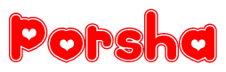 The image is a clipart featuring the word Porsha written in a stylized font with a heart shape replacing inserted into the center of each letter. The color scheme of the text and hearts is red with a light outline.