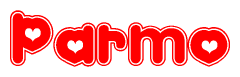 The image displays the word Parmo written in a stylized red font with hearts inside the letters.