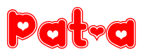 The image is a red and white graphic with the word Pat-a written in a decorative script. Each letter in  is contained within its own outlined bubble-like shape. Inside each letter, there is a white heart symbol.
