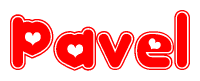 The image is a red and white graphic with the word Pavel written in a decorative script. Each letter in  is contained within its own outlined bubble-like shape. Inside each letter, there is a white heart symbol.