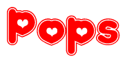The image is a red and white graphic with the word Pops written in a decorative script. Each letter in  is contained within its own outlined bubble-like shape. Inside each letter, there is a white heart symbol.